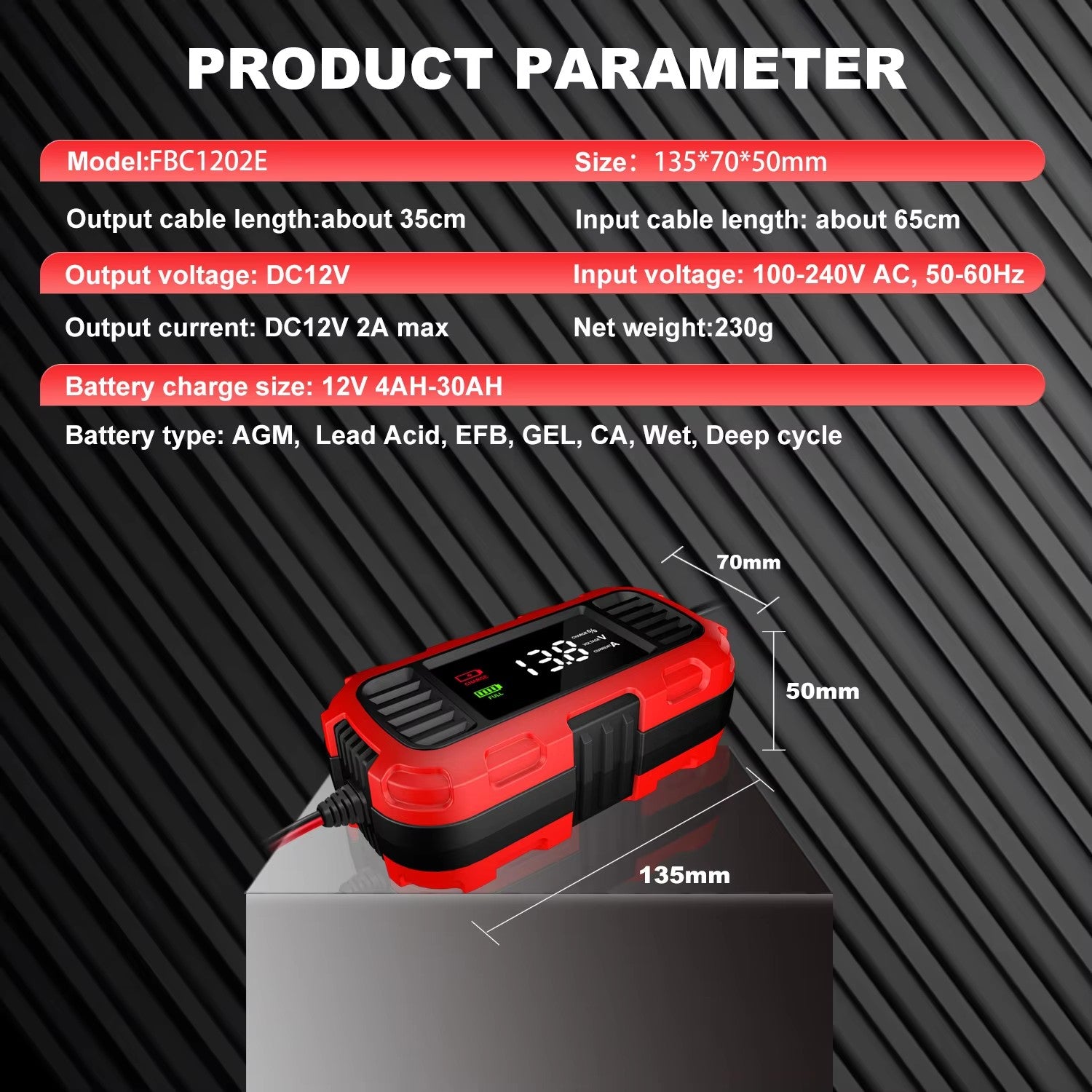 FOXSUR FBC1202E 12V/2A Smart Car Battery Charger Support Fully Automatic Trickle Lead-Acid Battery Charger