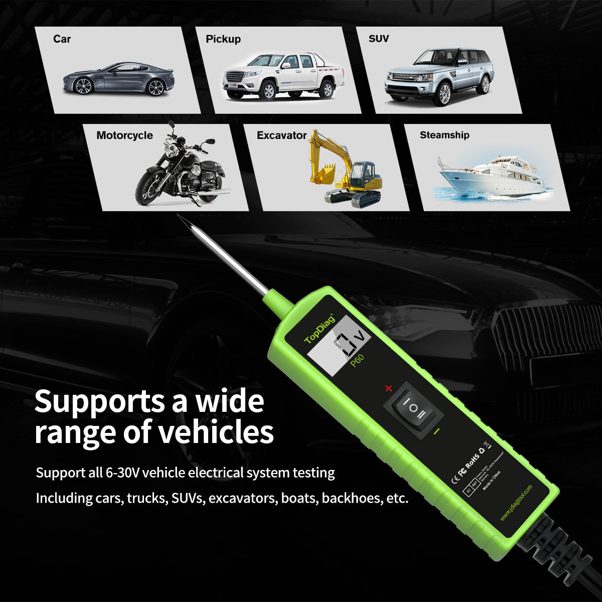 TopDiag P60 Automotive Electrical System Circuit Tester 9V-30V Relay Diode Oscilloscope Test