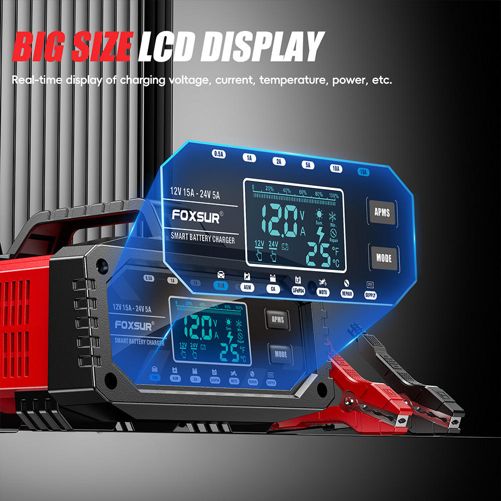 FOXSUR FAC-150 12V/15A&24V/5A Smart Car Battery Charger Automobile Battery Repair Machine Tester