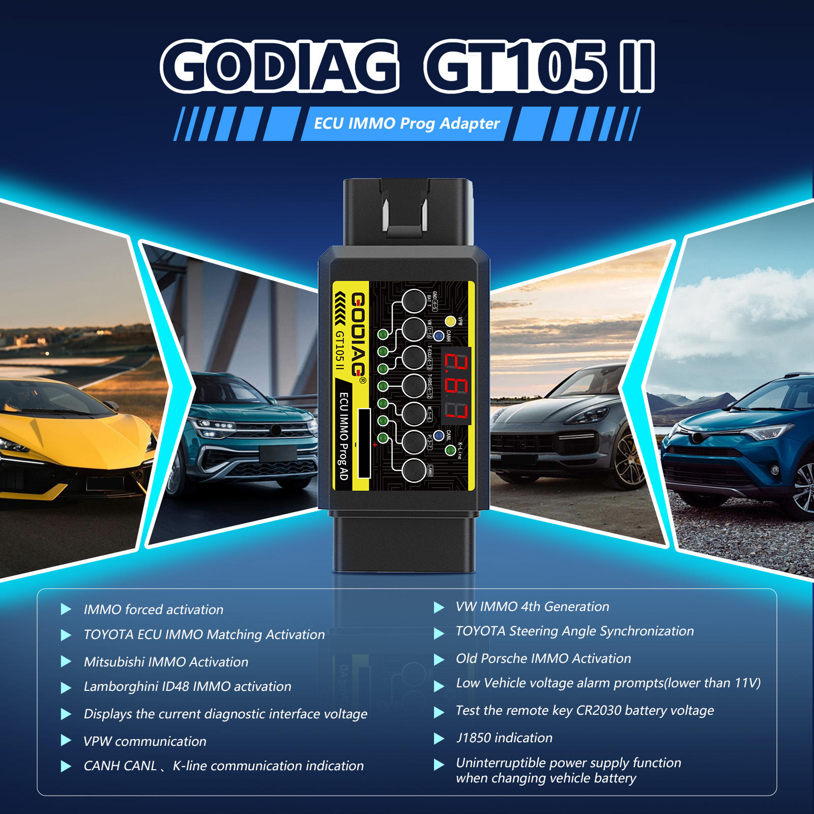 GODIAG GT105 II ECU IMMO Prog AD OBD2 Break Out Box ECU Display Vehicle Voltage Car Battery Voltage Alarm Car Diagnostic