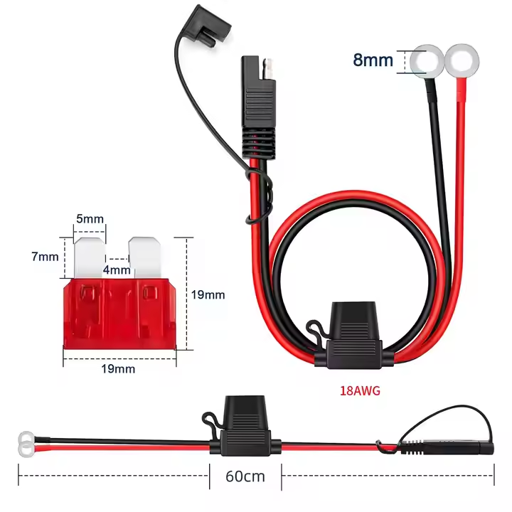 O-type Terminal to SAE Cable Car/Motorcycle Battery Charging Terminal Extension Cable with 10A Fuse 60cm 18AWG