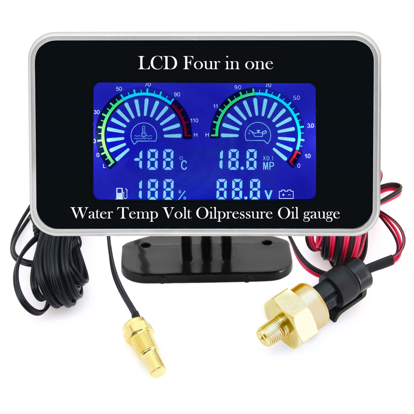 12V/24V 4in1 LCD Car Water Temperature Voltage Oil Pressure Fuel Leve Gauge Sensor NPT M10 10mm Meter Voltmeter Temp Gauge