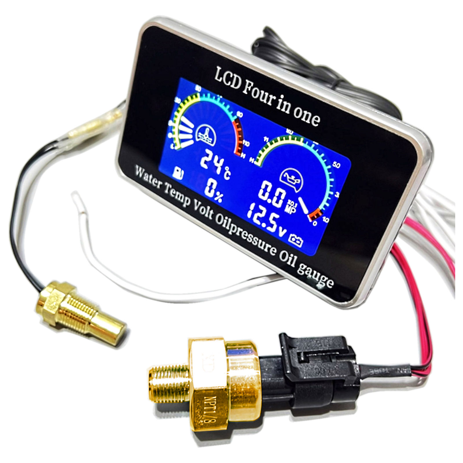 12V/24V 4in1 LCD Car Water Temperature Voltage Oil Pressure Fuel Leve Gauge Sensor NPT M10 10mm Meter Voltmeter Temp Gauge