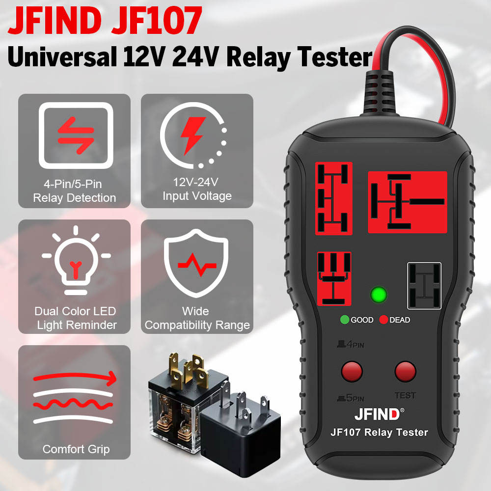 JFIND JF107 Auto Relay Tester Electronic Automotive 12V/24V Relay Test Analyzer Support 4-PIN 5-PIN Relays Detection