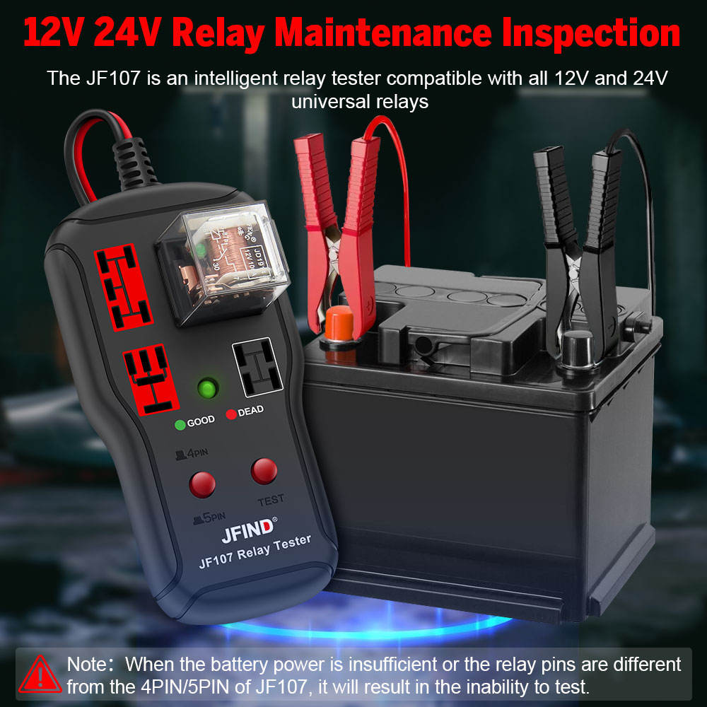 JFIND JF107 Auto Relay Tester Electronic Automotive 12V/24V Relay Test Analyzer Support 4-PIN 5-PIN Relays Detection