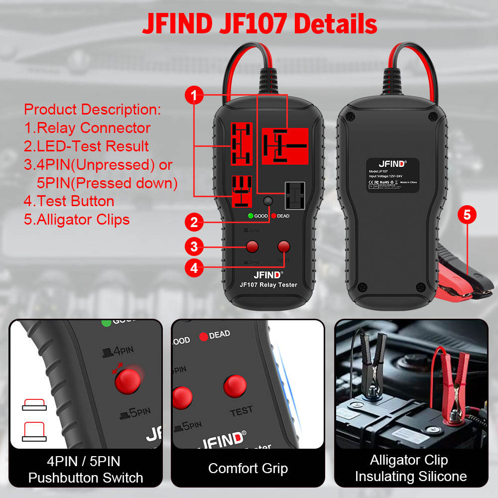 JFIND JF107 Auto Relay Tester Electronic Automotive 12V/24V Relay Test Analyzer Support 4-PIN 5-PIN Relays Detection