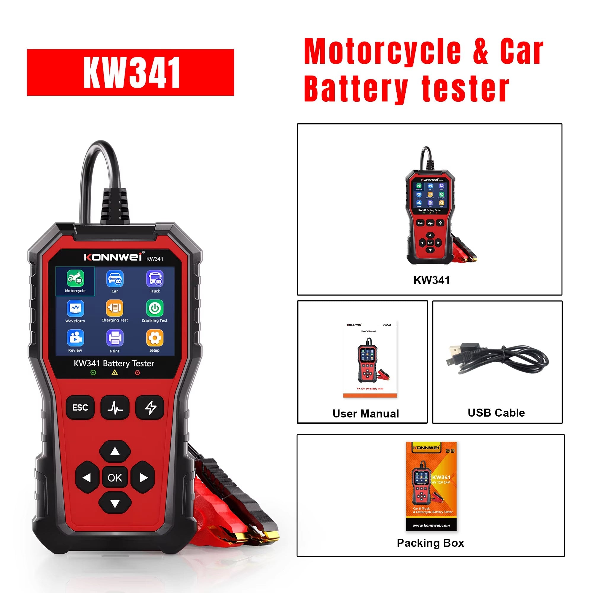 KONNWEI KW341 6V 12V 24V Car Battery Tester with 10-2000CCA for Lead Acid AGM GEL Battery Support SOH Battery Health Testing
