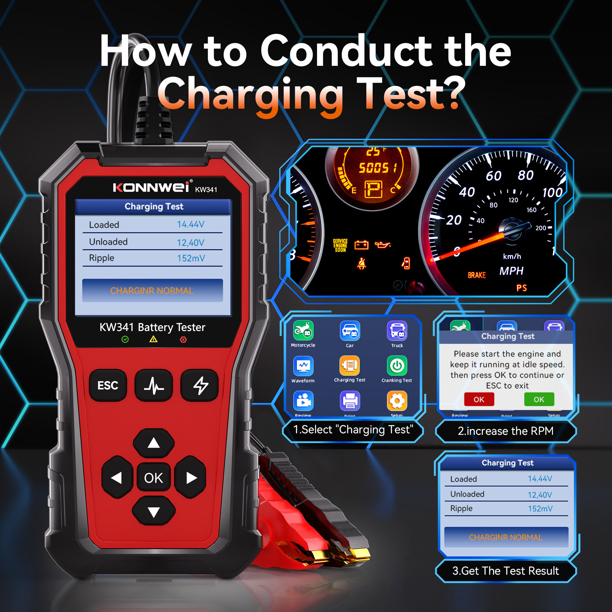 KONNWEI KW341 6V 12V 24V Car Battery Tester with 10-2000CCA for Lead Acid AGM GEL Battery Support SOH Battery Health Testing