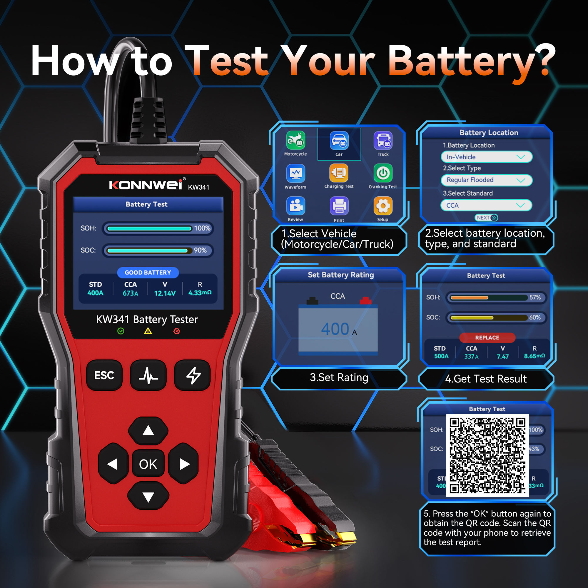 KONNWEI KW341 6V 12V 24V Car Battery Tester with 10-2000CCA for Lead Acid AGM GEL Battery Support SOH Battery Health Testing
