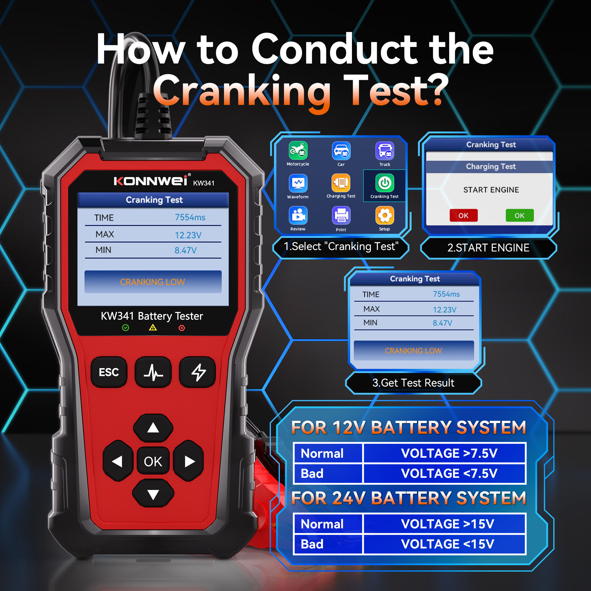KONNWEI KW341 6V 12V 24V Car Battery Tester with 10-2000CCA for Lead Acid AGM GEL Battery Support SOH Battery Health Testing
