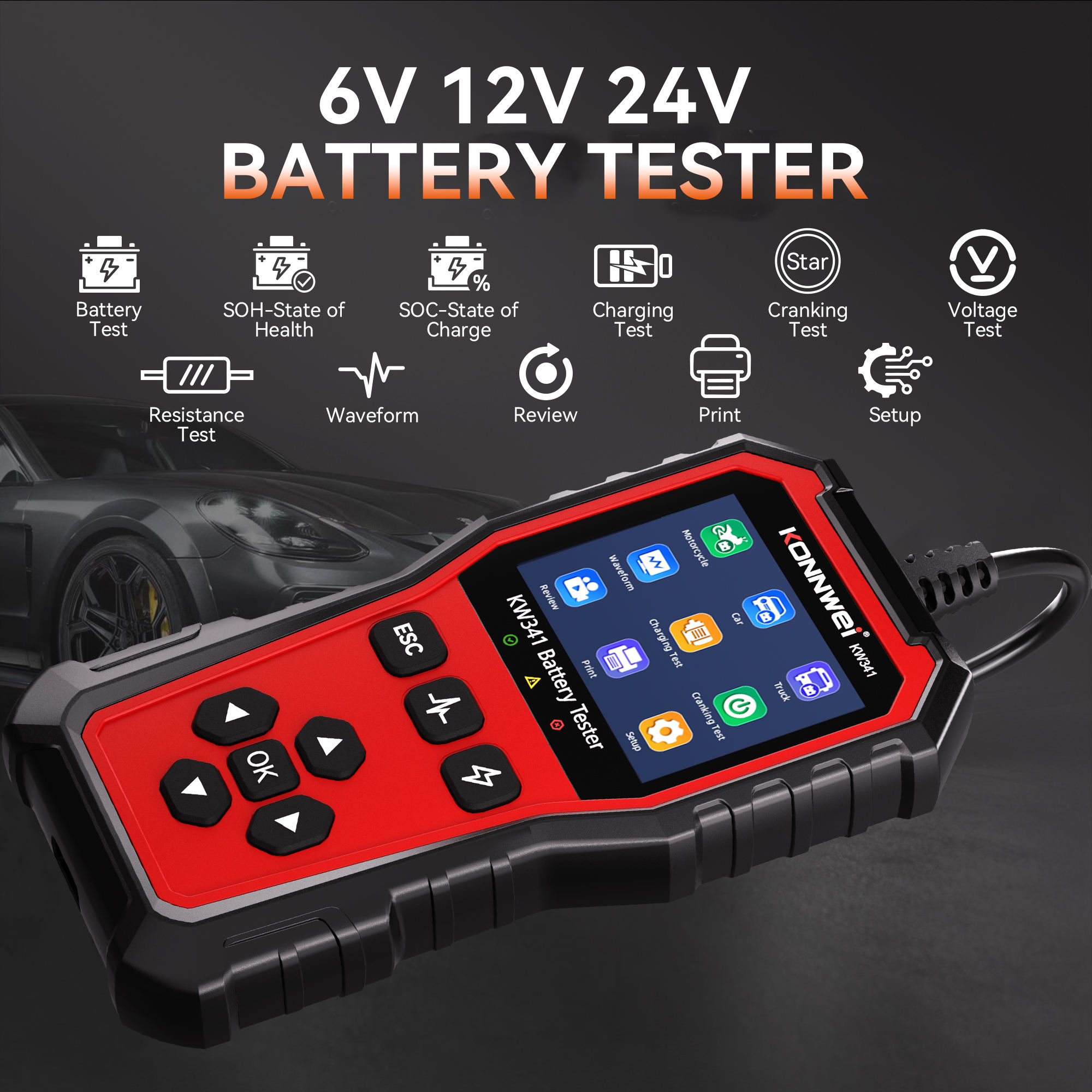 KONNWEI KW341 6V 12V 24V Car Battery Tester with 10-2000CCA for Lead Acid AGM GEL Battery Support SOH Battery Health Testing