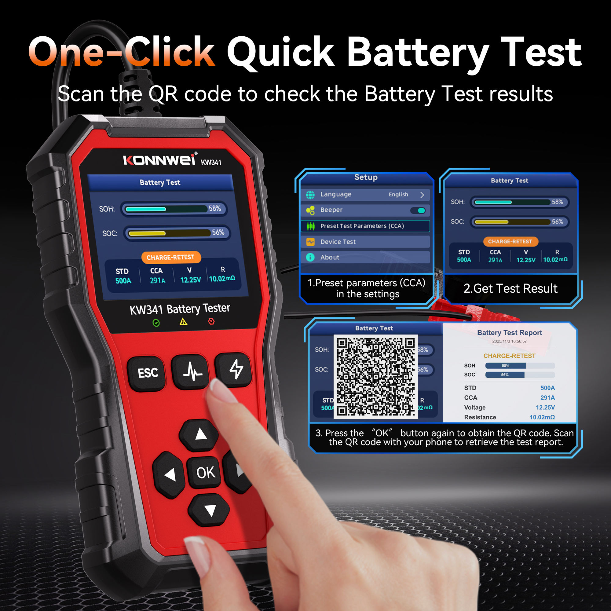 KONNWEI KW341 6V 12V 24V Car Battery Tester with 10-2000CCA for Lead Acid AGM GEL Battery Support SOH Battery Health Testing